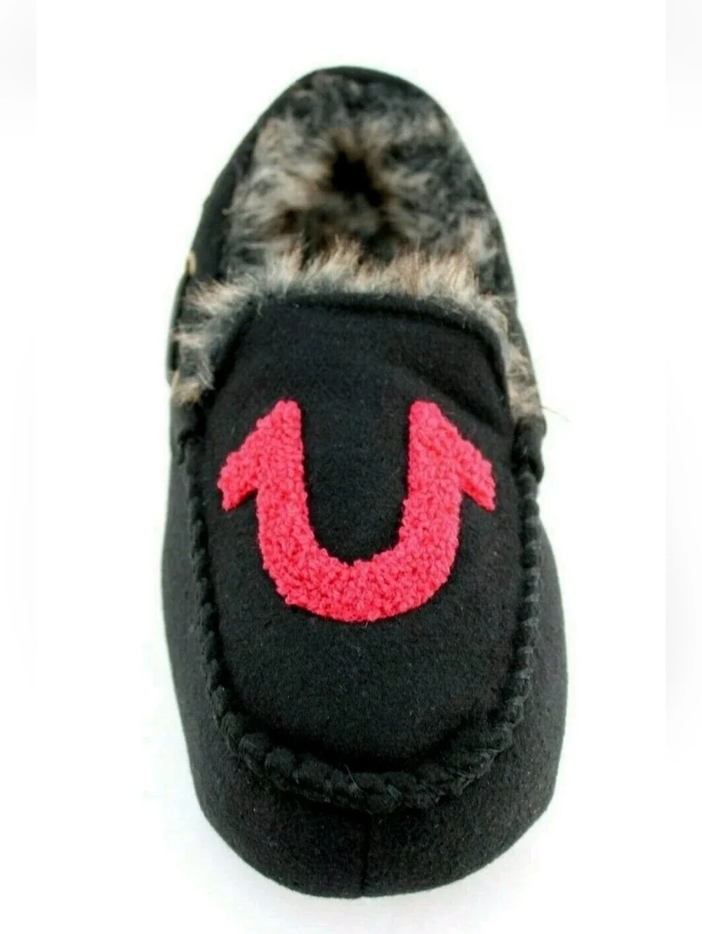 True Religion Black Faux Fur Moccasin Slipper with Red Logo